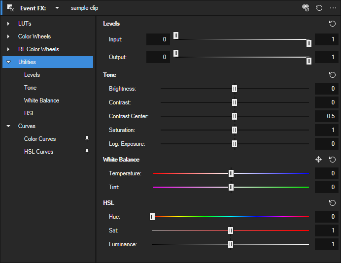 Werkzeuge-Bereich mit Pegel, Farbton, Weißabgleich und HSL
