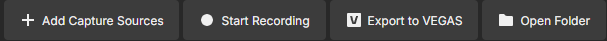 Toolbar with Add Capture Sources, Start Recording, Export to VEGAS, Open Folder