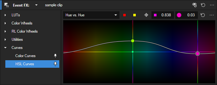 HSL Curves with type menu, color swatches, value fields and options menu