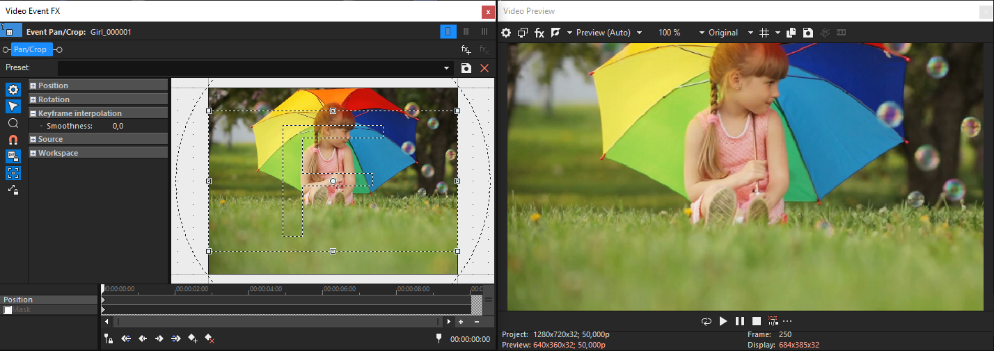 Fenêtre Panoramique/recadrage après application de l'option « Faire correspondre le format de sortie ».