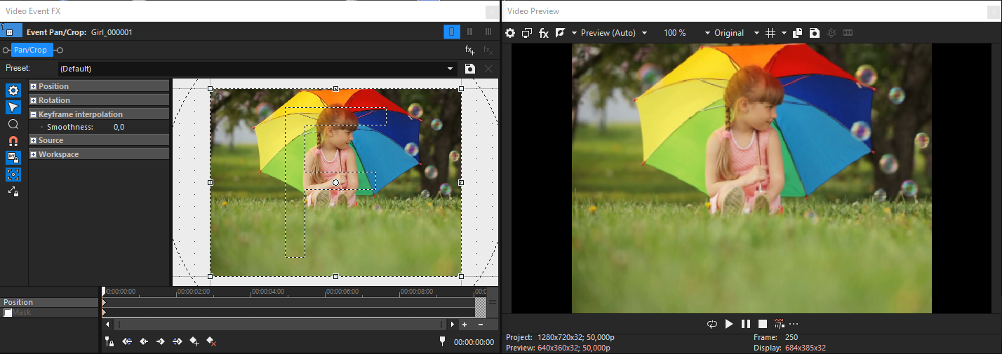 Fenêtre Panoramique/recadrage affichant une vidéo avec des bandes noires.